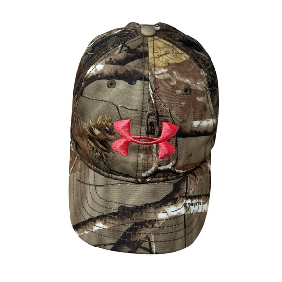 Under Armour Women's Snapback Hat Cap Camo Hunting Realtree APX Timber Pink Logo - Picture 2 of 9